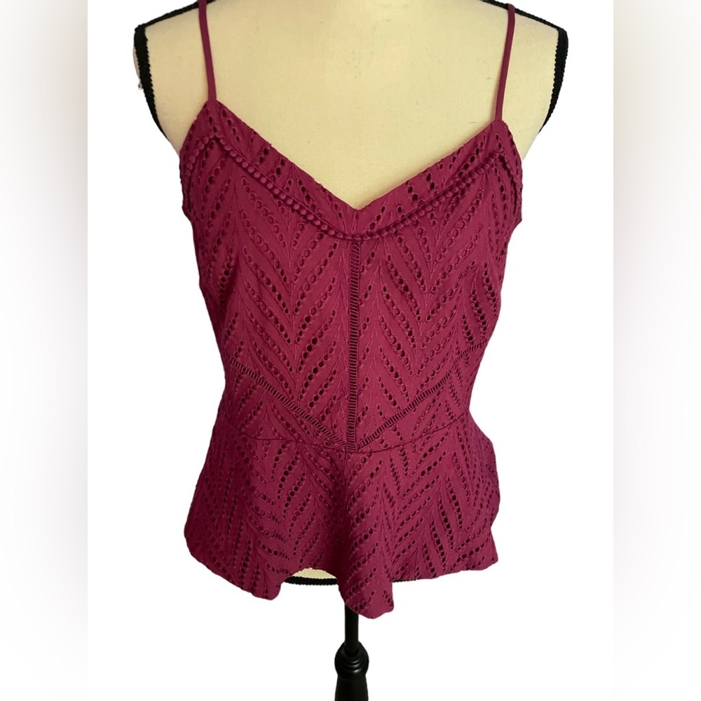 White House Black Market Wine Eyelet Peek V-Neck Peplum Cami